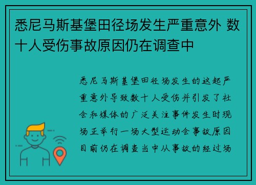 悉尼马斯基堡田径场发生严重意外 数十人受伤事故原因仍在调查中